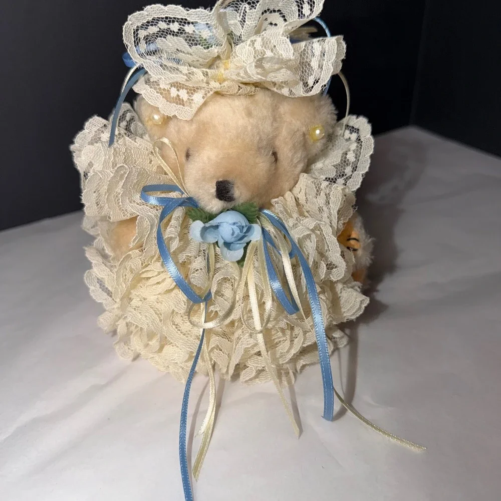 Vintage Teddy Bear Plush Cream Small Cream Lace Blue Ribbon Ruffle Victorian 6
